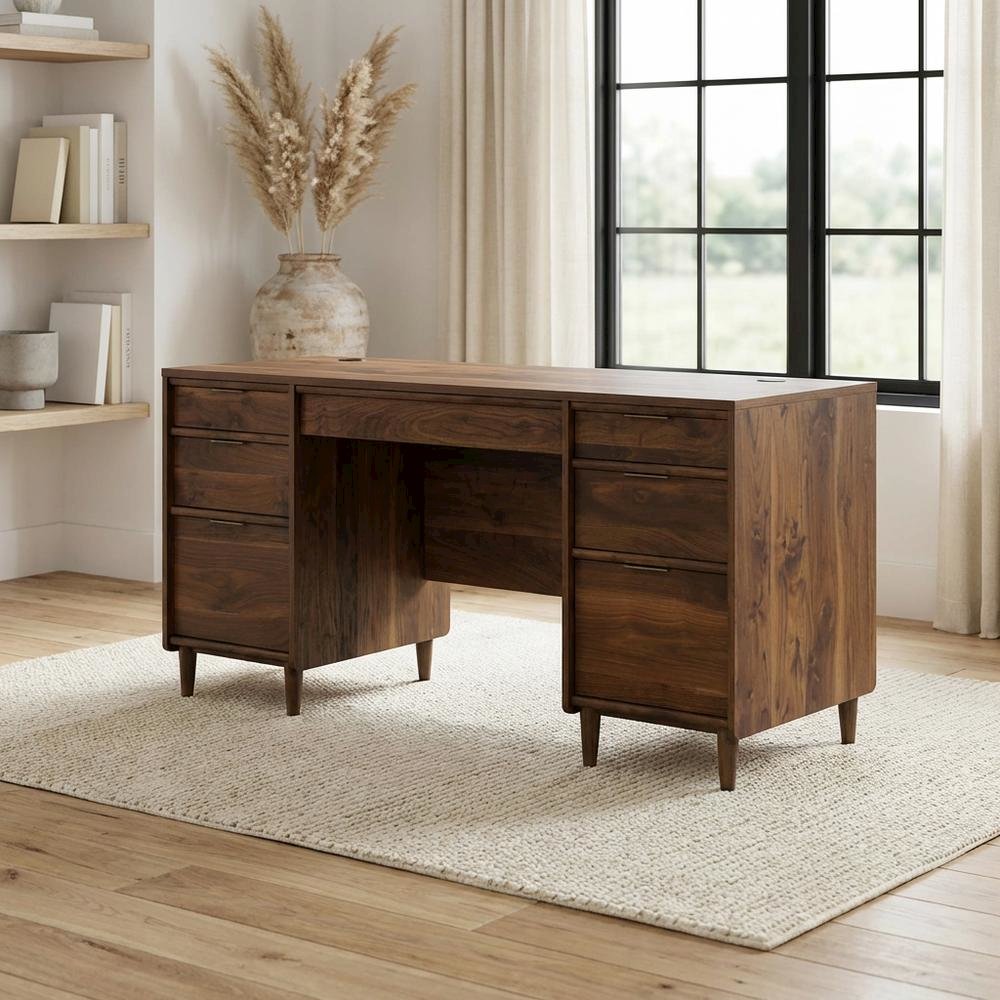 Elegant Walnut Finish Office Desk, Mid-Century Modern Style, Rectangular Design