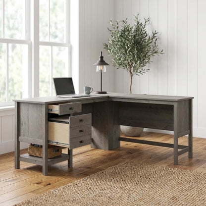 Modern L-Shaped Desk, Mystic Oak Finish, Rectangular Design, Spacious Surface