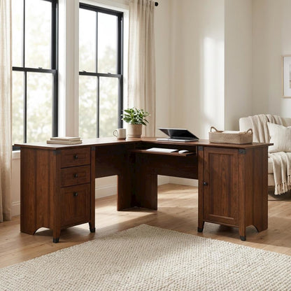 Rustic Brown L-Shaped Desk with Rectangular Top and Country Style