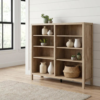Rustic Oak Finish Bookcase with Coastal Style and Easy Storage