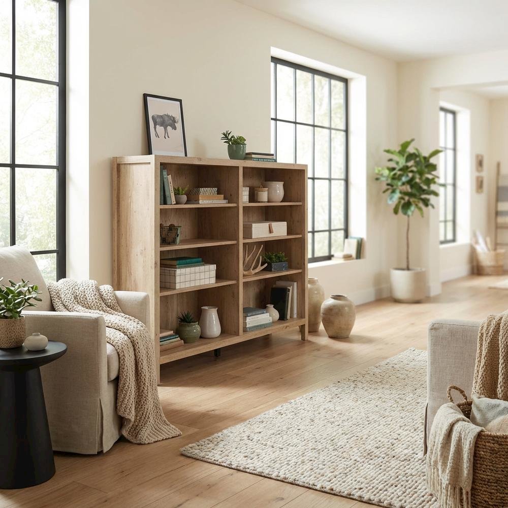 Rustic Oak Finish Bookcase with Coastal Style and Easy Storage