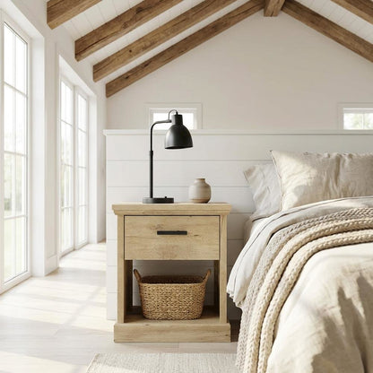 Modern Farmhous Style Night Stand in Oak Finish with Simple Rectangular Design
