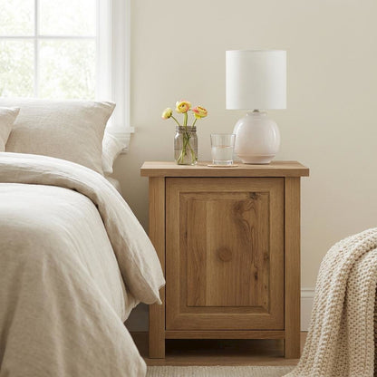 Wooden Nightstand with Oak Finish, Modern Farmhouse Style, Rectangular Shape
