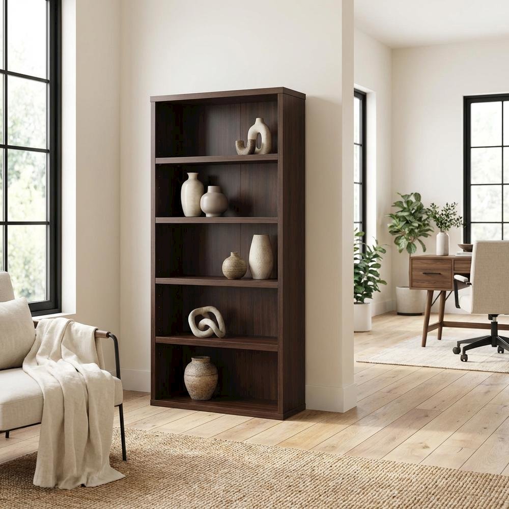 Contemporary Office Bookcase in Noble Elm Finish with Open Shelving