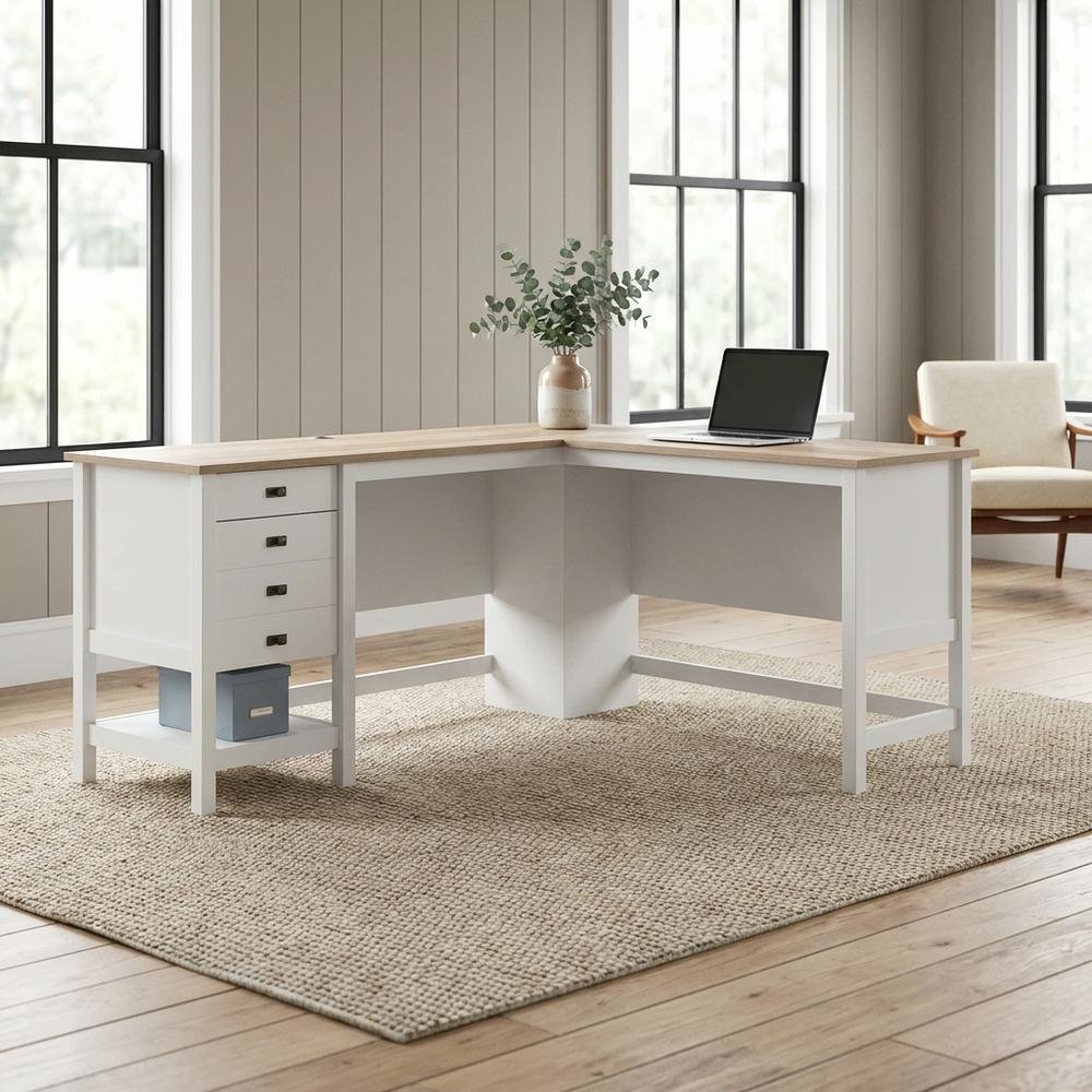 White L-Shaped Desk With Modern Farmhouse Finish For Home Office