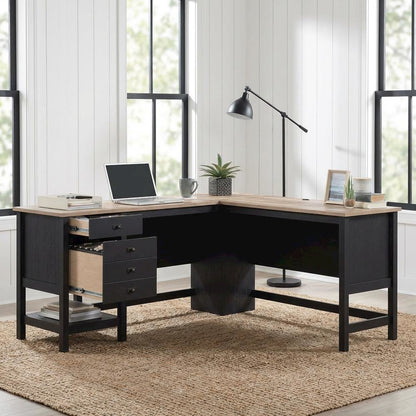 Black Raven Oak Finish L-Shaped Desk With Coastal Cottage Style