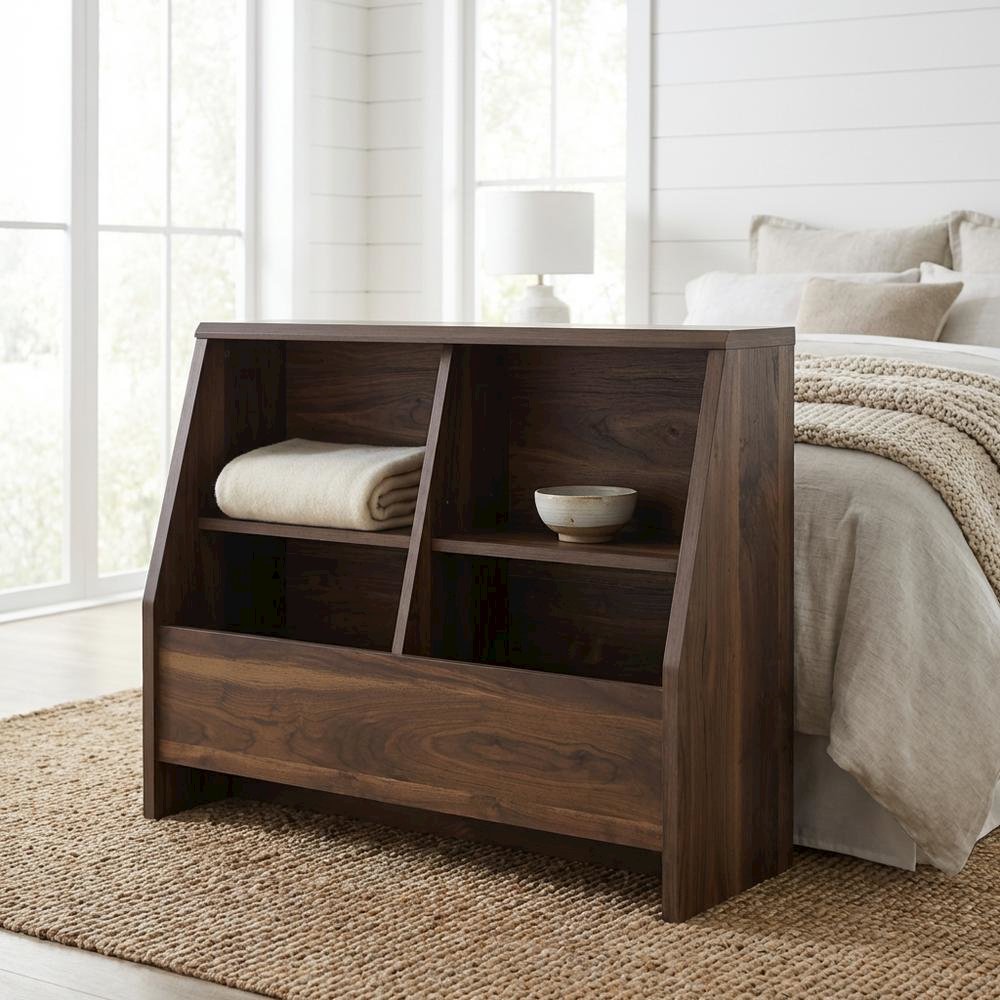 Walnut Finish Bookcase, Rectangular Shape and Bohemian, Mid-century Modern Style