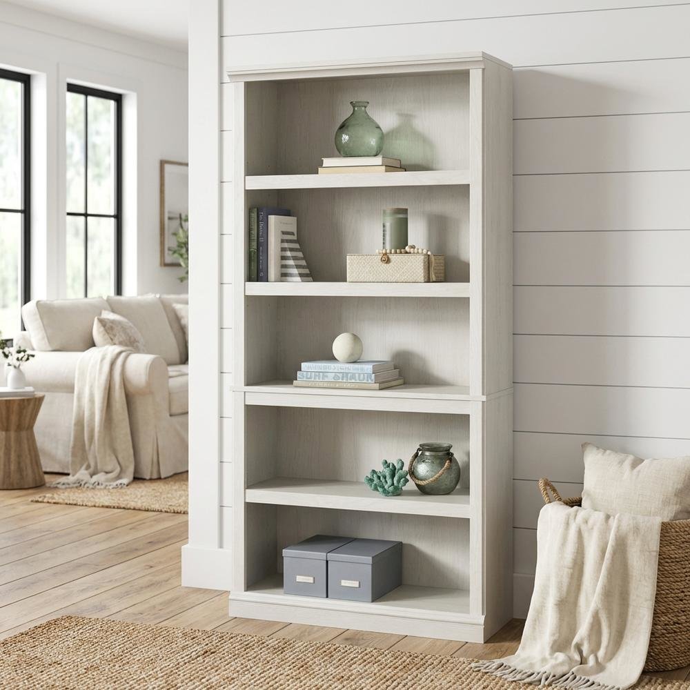 White storage bookcase with spacious shelves and modern design