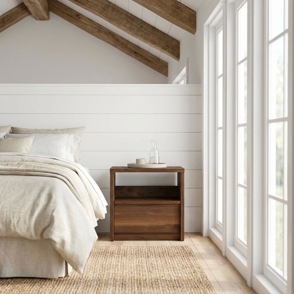 Nightstand with Walnut Finish and Mid-Century Modern Design