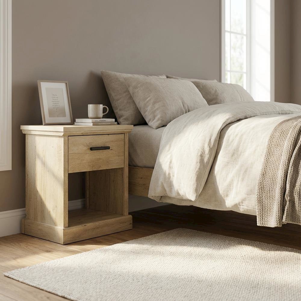 Modern Farmhous Style Night Stand in Oak Finish with Simple Rectangular Design