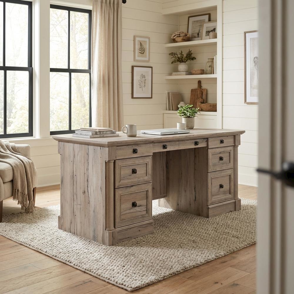 Wood Office Desk In Split Oak Finish With Traditional Style And Spacious Design