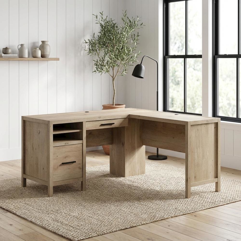 Modern Oak Finish L-Shaped Desk, Spacious Working Surface, Coastal Cottage Style