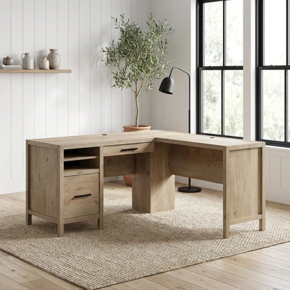 Modern Oak Finish L-Shaped Desk, Spacious Working Surface, Coastal Cottage Style