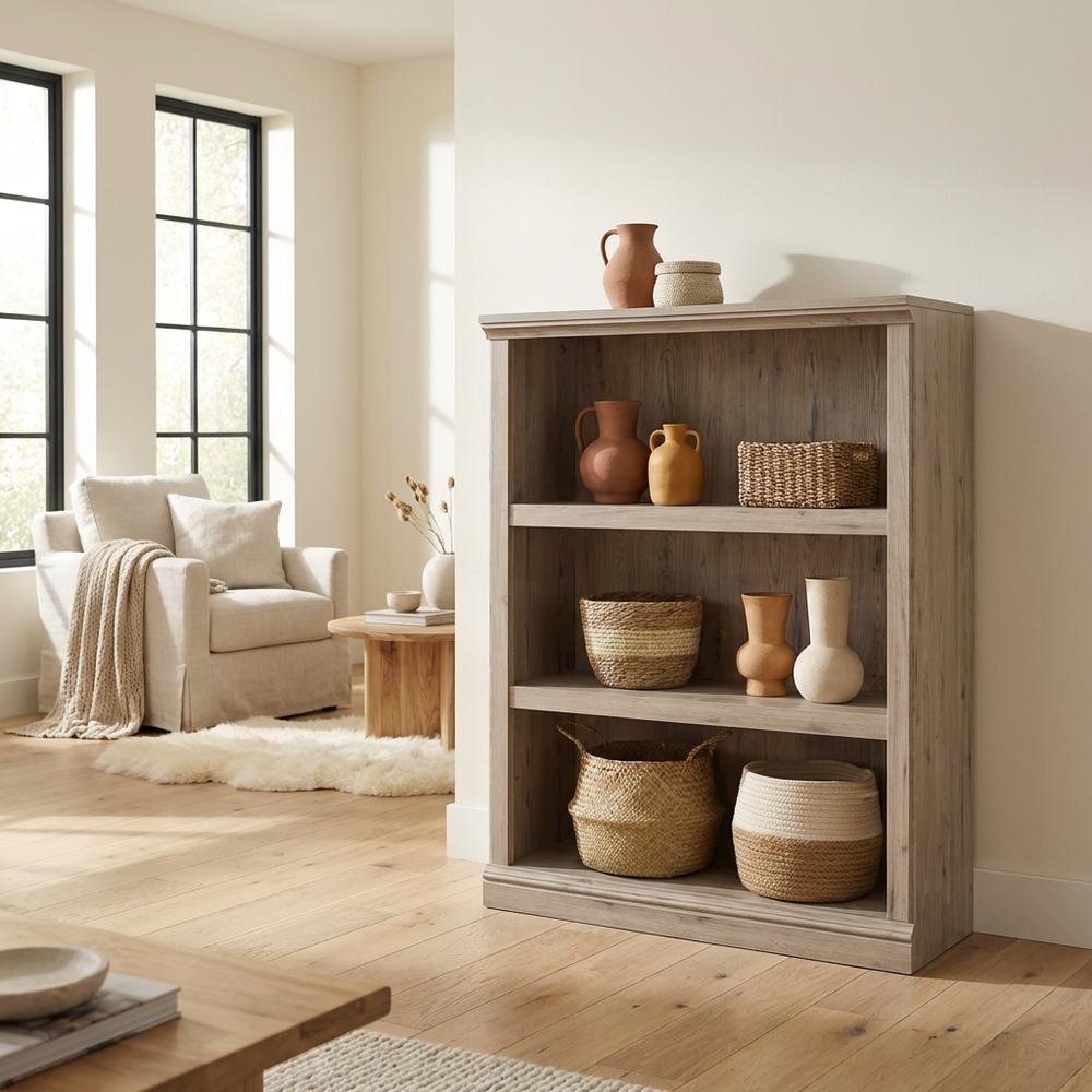 Wooden storage bookcase in oak finish with versatile coastal cottage style