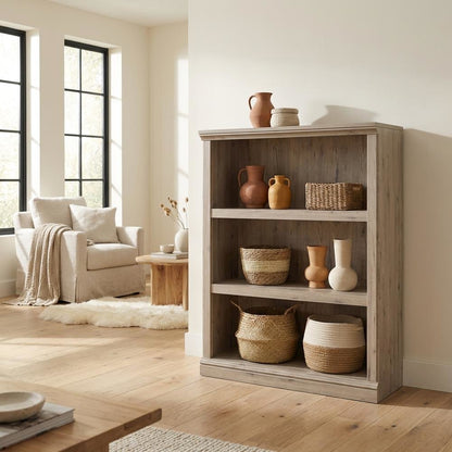 Wooden storage bookcase in oak finish with versatile coastal cottage style