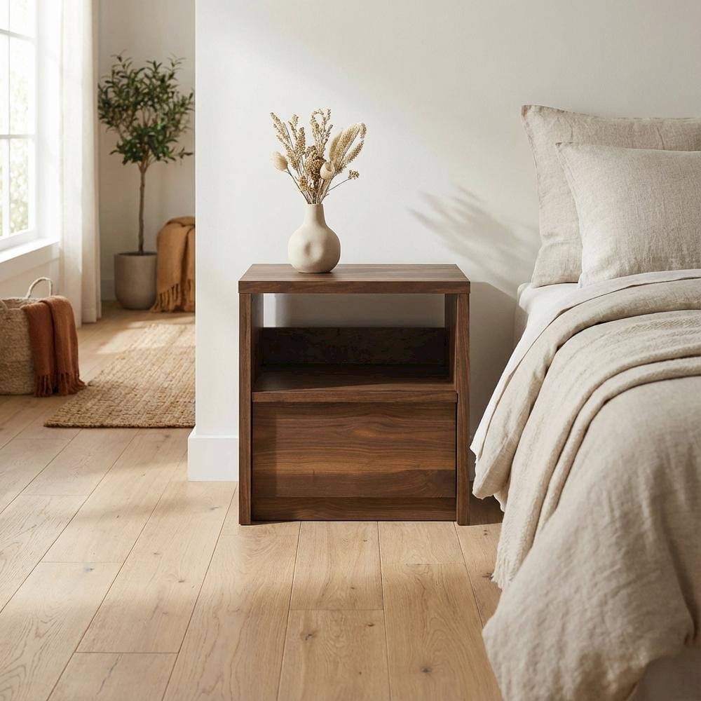 Nightstand with Walnut Finish and Mid-Century Modern Design