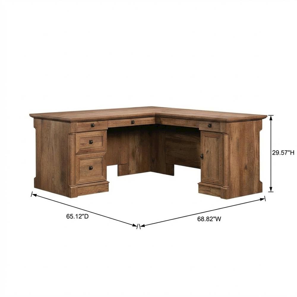 L-Shaped Office Desk With Vintage Oak Finish And Modern Farmhouse Style