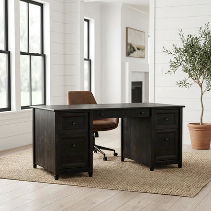 Black Executive Desk With Rectangular Shape And Coastal Cottage Style