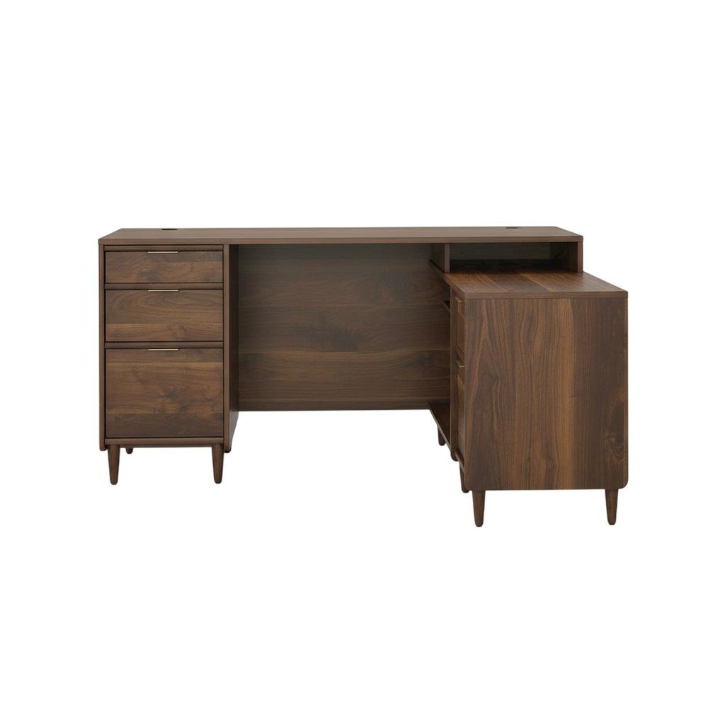 Grand Walnut Finish Office L Desk With Modern Mid-Century Style