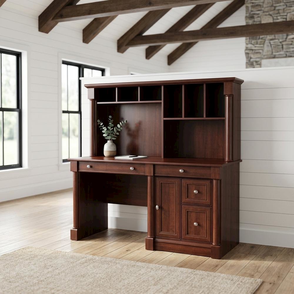 Traditional brown wood desk with hutch and spacious workspace