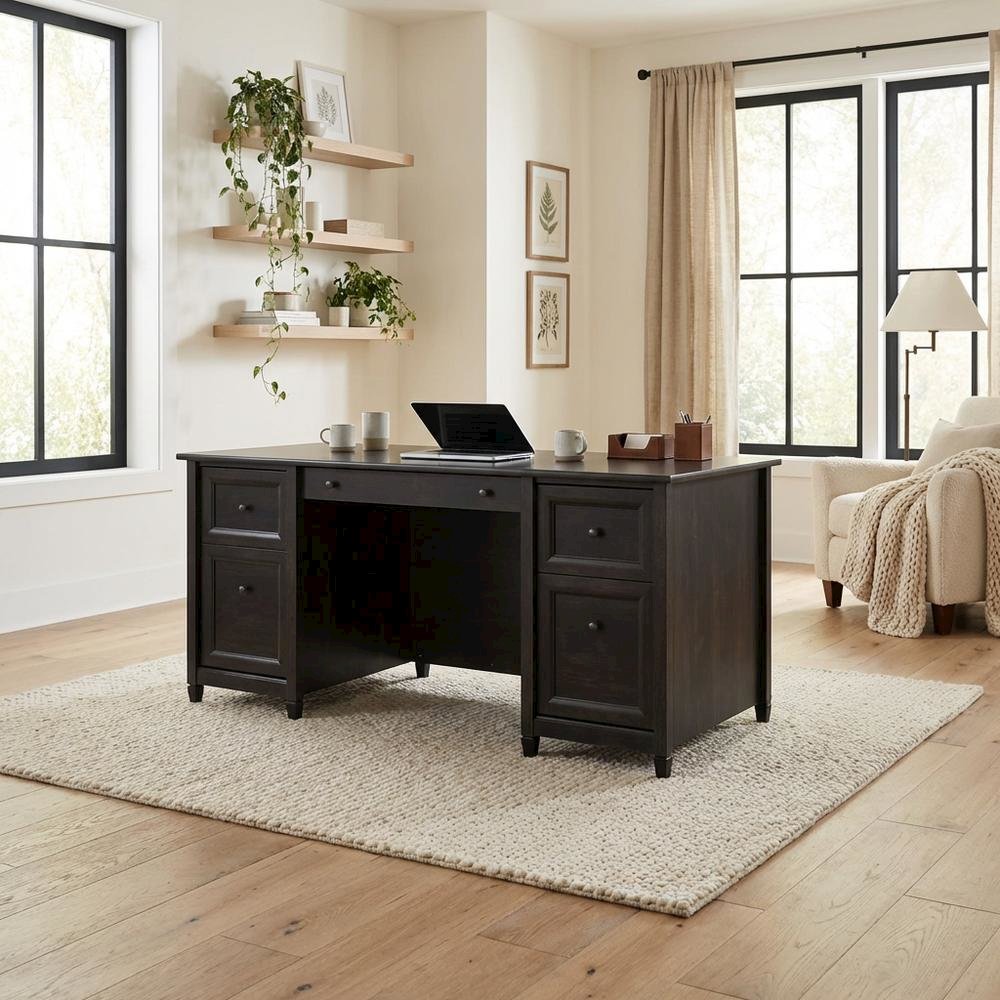Black Executive Desk With Rectangular Shape And Coastal Cottage Style