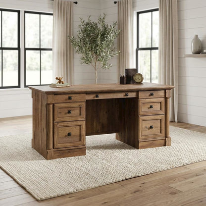 Vintage Oak Finish Modern Farmhouse Executive Desk With Rectangle Top