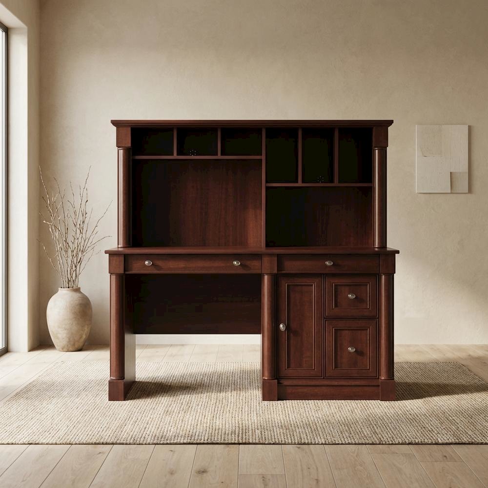 Traditional brown wood desk with hutch and spacious workspace