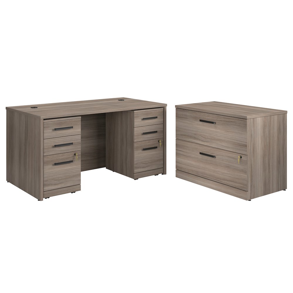 Affirm 60x30 Desk & 3 Drawer Pedestal (x2), Lateral File, Hudson Elm Finish