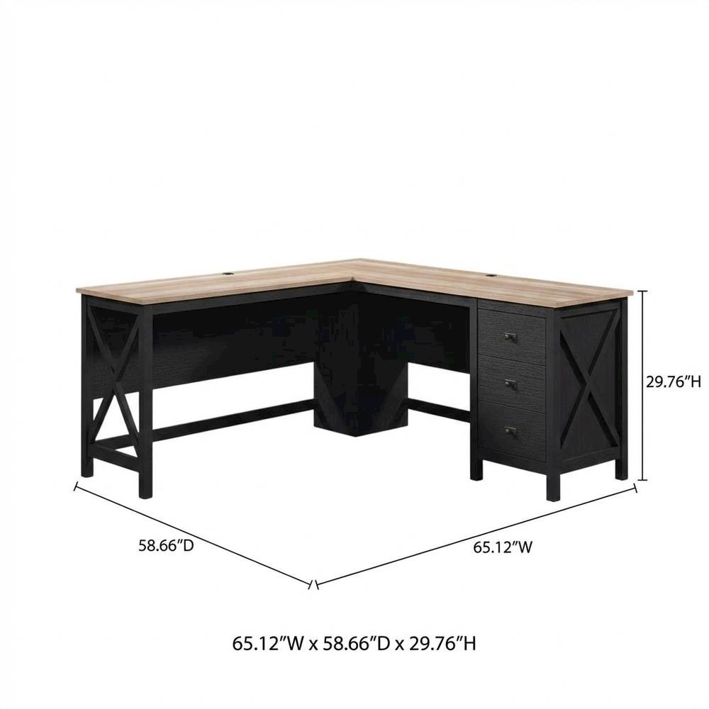 Black Raven Oak Finish L-Shaped Desk With Coastal Cottage Style