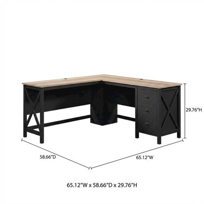 Black Raven Oak Finish L-Shaped Desk With Coastal Cottage Style