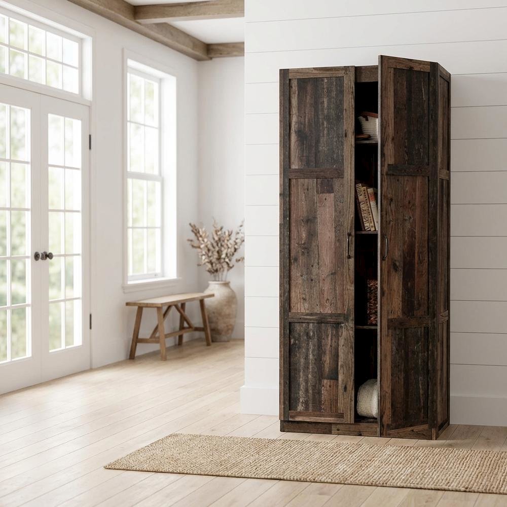 Rustic Brown Storage Cabinet With Reclaimed Pine Finish, Rectangular Design