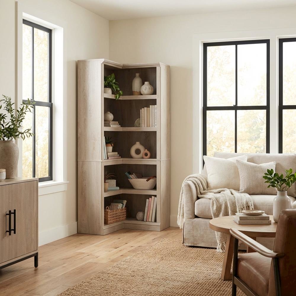 Wooden storage bookcase in chalked chestnut finish with coastal cottage style