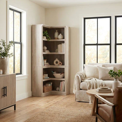 Wooden storage bookcase in chalked chestnut finish with coastal cottage style