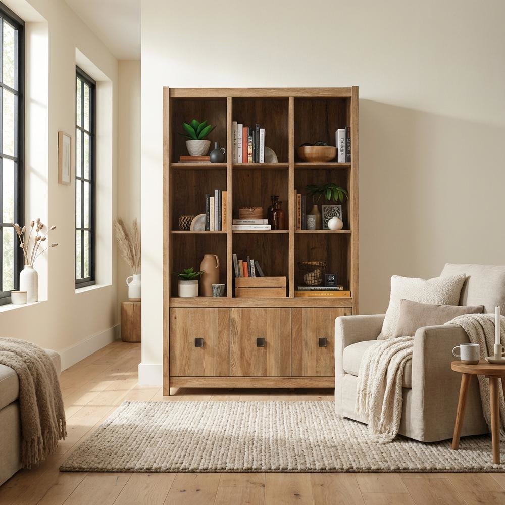 Wooden Bookcase in Sindoori Mango Finish with Modern Farmhouse Style