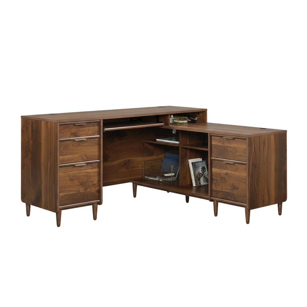 Grand Walnut Finish Office L Desk With Modern Mid-Century Style