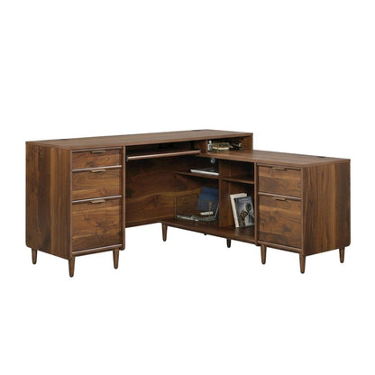 Grand Walnut Finish Office L Desk With Modern Mid-Century Style