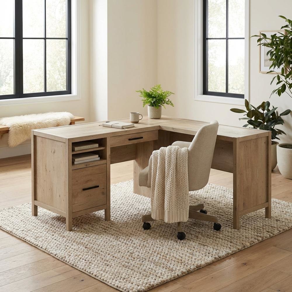 Modern Oak Finish L-Shaped Desk, Spacious Working Surface, Coastal Cottage Style