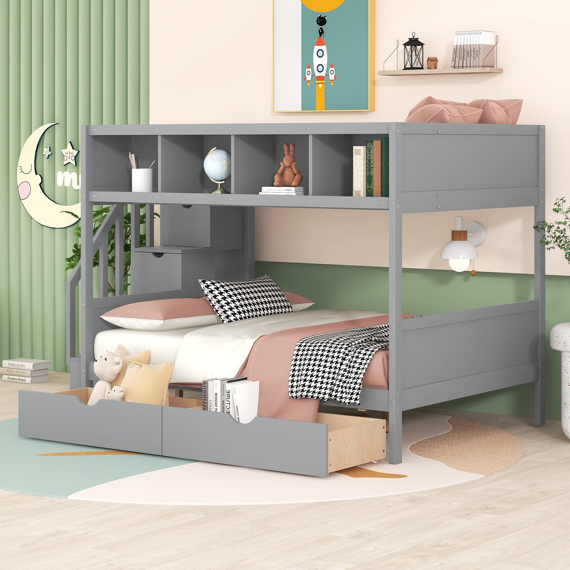 Twin over Full Bunk Bed with Shelfs, Storage Staircase and 2 Drawers, Gray