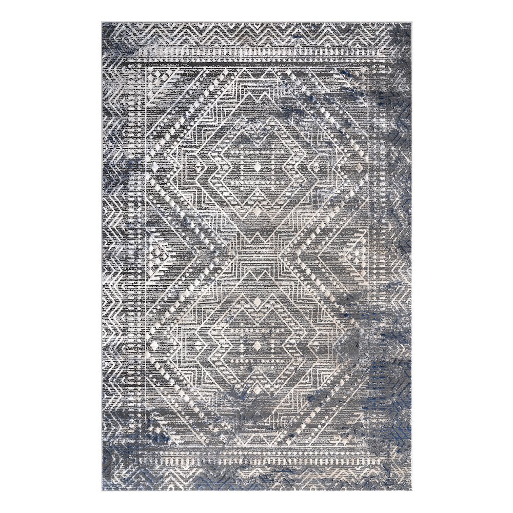 Bowman 09 Geometric Tribal  Area Rug - Gray, Blue & Ivory