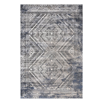 Bowman 09 Geometric Tribal  Area Rug - Gray, Blue & Ivory