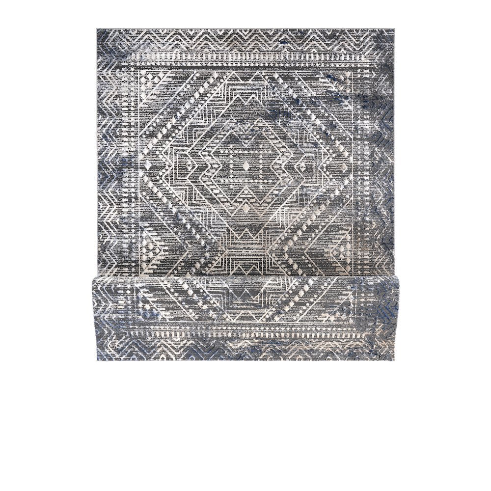 Bowman 09 Geometric Tribal  Area Rug - Gray, Blue & Ivory