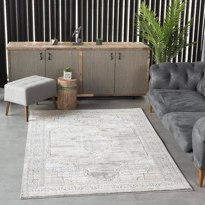 Bowman 06 Medallion Distressed Area Rug - Gray & Ivory
