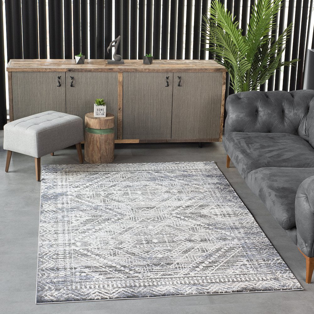 Bowman 09 Geometric Tribal  Area Rug - Gray, Blue & Ivory