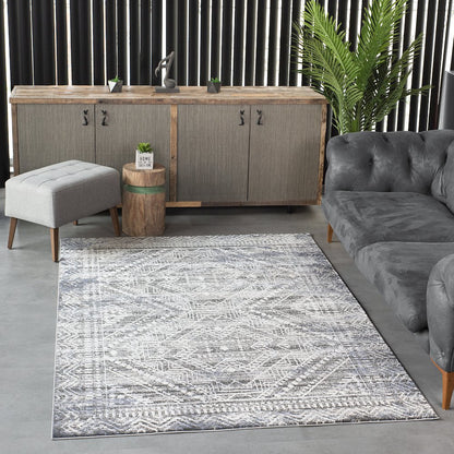 Bowman 09 Geometric Tribal  Area Rug - Gray, Blue & Ivory