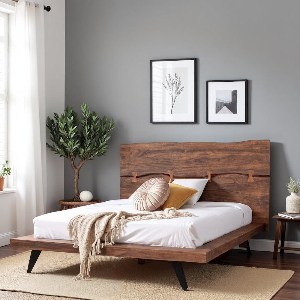 Solid Acacia King Bed Frame and Headboard with Steel Legs, Wooden Bed Frame