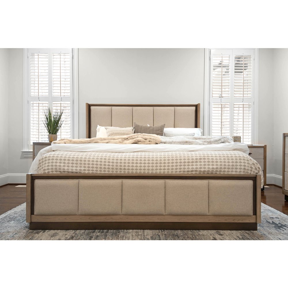 Rio Vista Upholsteredolstered King Bed. Muted Earth Tones and Clay Finish