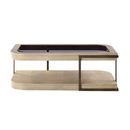 Cocktail Table with Casters and tempered glass.Muted Earth Tones and Clay Finish