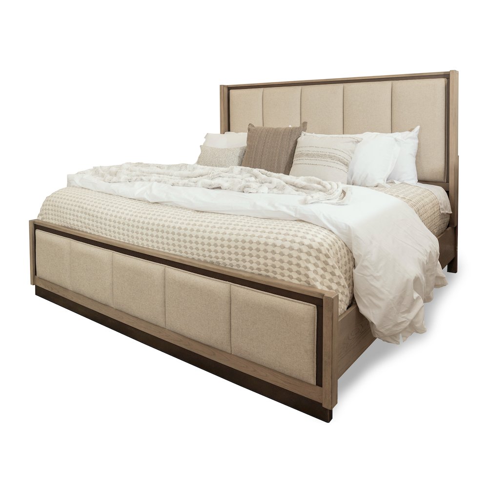 Rio Vista Upholsteredolstered King Bed. Muted Earth Tones and Clay Finish