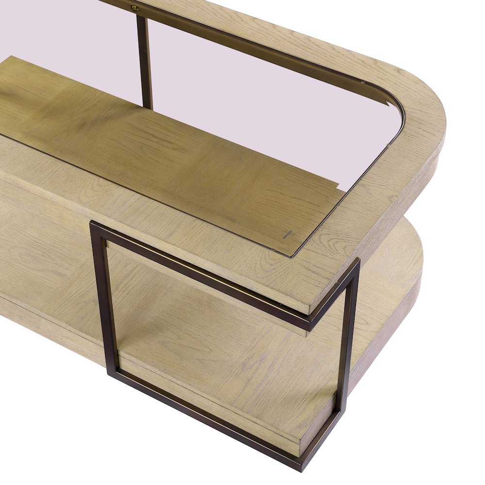 Cocktail Table with Casters and tempered glass.Muted Earth Tones and Clay Finish
