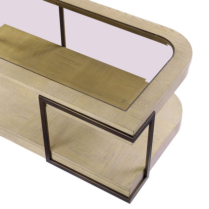 Cocktail Table with Casters and tempered glass.Muted Earth Tones and Clay Finish